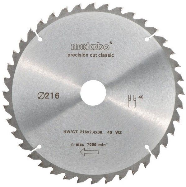 Körfűrésztárcsa körfűrészlap PRECISION CLASSIC 216 x 2 4 x 30 mm Z40 WZ 5 neg METABO 628060000