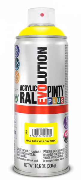 Pinty Plus Evolution oldószeres akril festék spray 400 ml RAL 1018 cinksárga színű PINTY PLUS 398