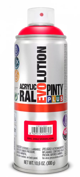 Pinty Plus Evolution oldószeres akril festék spray 400 ml RAL 2002 vérnarancs színű PINTY PLUS 399