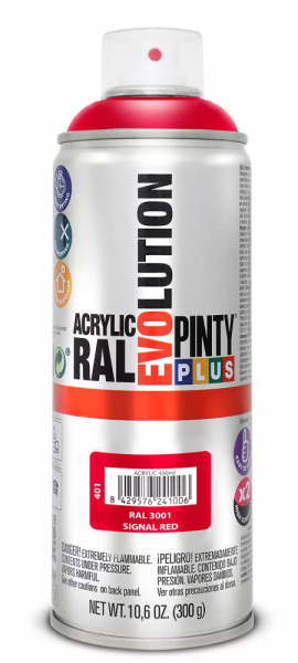 Pinty Plus Evolution oldószeres akril festék spray 400 ml RAL 3001 szignálvörös színű PINTY PLUS 401