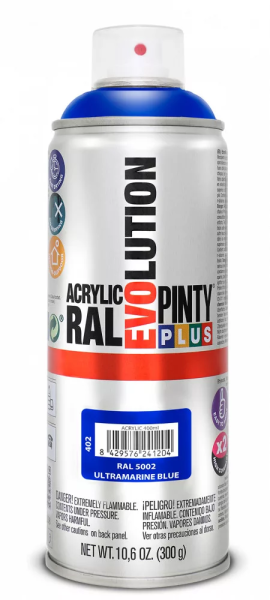 Pinty Plus Evolution oldószeres akril festék spray 400 ml RAL 5002 ultramarinkék színű PINTY PLUS 402