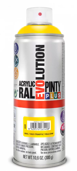Pinty Plus Evolution oldószeres akril festék spray 400 ml RAL 1023 közlekedési sárga színű PINTY PLUS 420