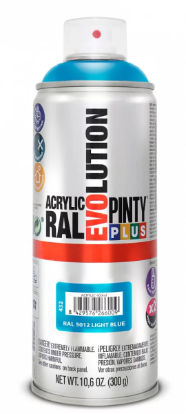Pinty Plus Evolution oldószeres akril festék spray 400 ml RAL 5012 világoskék színű PINTY PLUS 432