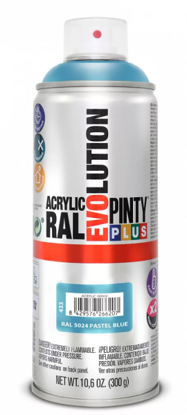 Pinty Plus Evolution oldószeres akril festék spray 400 ml RAL 5024 pasztell kék színű PINTY PLUS 433