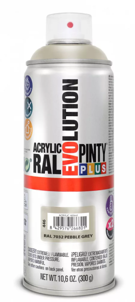 Pinty Plus Evolution oldószeres akril festék spray 400 ml RAL 7032 kavicsszürke színű PINTY PLUS 446