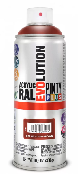 Pinty Plus Evolution oldószeres akril festék spray 400 ml RAL 8012 vörösesbarna színű PINTY PLUS 447