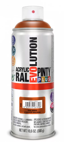 Pinty Plus Evolution oldószeres akril festék spray 400 ml RAL 8004 rézbarna színű PINTY PLUS 448