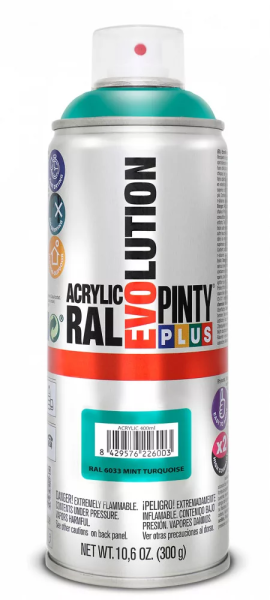 Pinty Plus Evolution oldószeres akril festék spray 400 ml RAL 6033 mentatürkiz színű PINTY PLUS 554