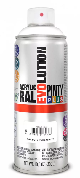 Pinty Plus Evolution oldószeres akril festék spray 400 ml RAL 9010 tiszta fehér színű PINTY PLUS 590