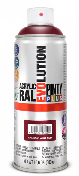 Pinty Plus Evolution oldószeres akril festék spray 400 ml RAL 3005 borvörös színű PINTY PLUS 592