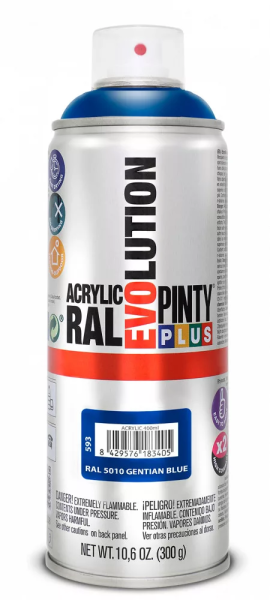 Pinty Plus Evolution oldószeres akril festék spray 400 ml RAL 5010 enciánkék színű PINTY PLUS 593