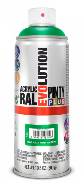 Pinty Plus Evolution oldószeres akril festék spray 400 ml RAL 6029 mentazöld színű PINTY PLUS 594