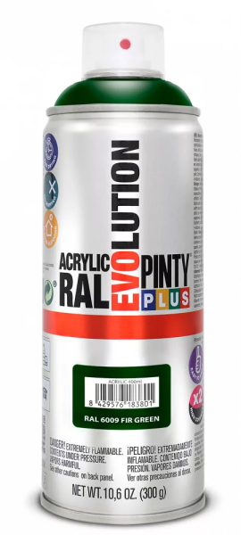 Pinty Plus Evolution oldószeres akril festék spray 400 ml RAL 6009 fenyőzöld színű PINTY PLUS 595