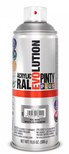 Pinty Plus Evolution oldószeres akril festék spray 400 ml RAL 9006 fehéralumínium színű PINTY PLUS 598