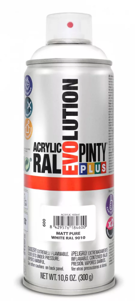 Pinty Plus Evolution oldószeres akril festék spray 400 ml RAL 9010 MATT tiszta fehér színű PINTY PLUS 600