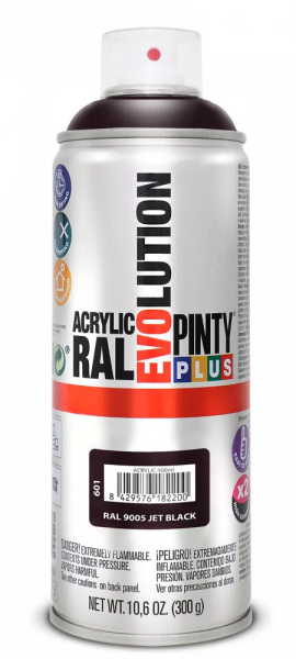 Pinty Plus Evolution oldószeres akril festék spray 400 ml RAL 9005 mélyfekete színű PINTY PLUS 601