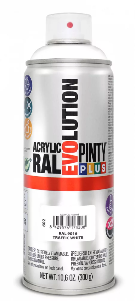 Pinty Plus Evolution oldószeres akril festék spray 400 ml RAL 9016 közlekedési fehér színű PINTY PLUS 602