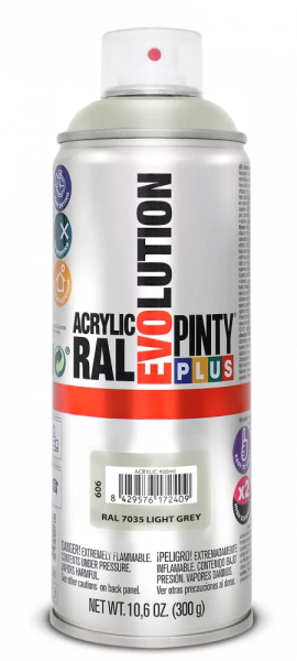 Pinty Plus Evolution oldószeres akril festék spray 400 ml RAL 7035 világosszürke színű PINTY PLUS 606
