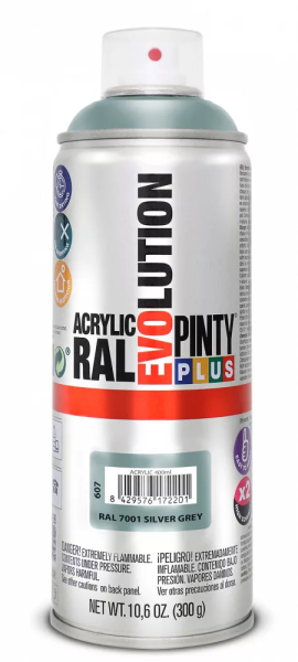 Pinty Plus Evolution oldószeres akril festék spray 400 ml RAL 7001 ezüstszürke színű PINTY PLUS 607