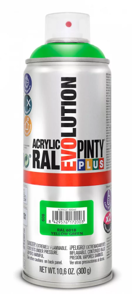 Pinty Plus Evolution oldószeres akril festék spray 400 ml RAL 6018 sárgászöld színű PINTY PLUS 608