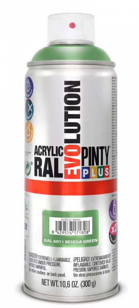 Pinty Plus Evolution oldószeres akril festék spray 400 ml RAL 6011 rezedazöld színű PINTY PLUS 609