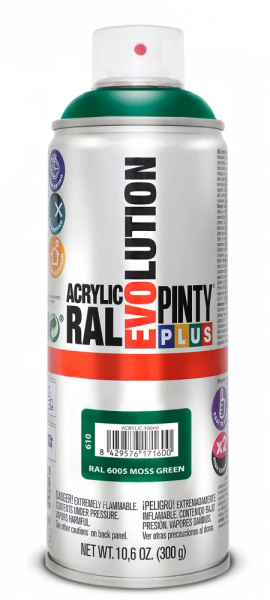 Pinty Plus Evolution oldószeres akril festék spray 400 ml RAL 6005 mohazöld színű PINTY PLUS 610