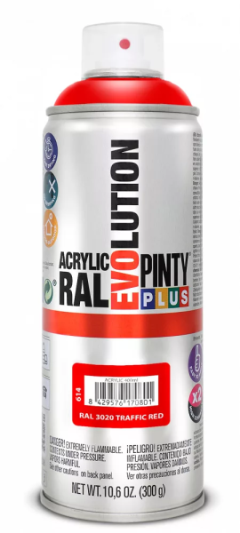 Pinty Plus Evolution oldószeres akril festék spray 400 ml RAL 3020 közlekedési piros színű PINTY PLUS 614