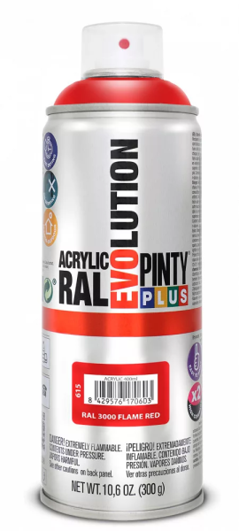 Pinty Plus Evolution oldószeres akril festék spray 400 ml RAL 3000 tűzvörös színű PINTY PLUS 615