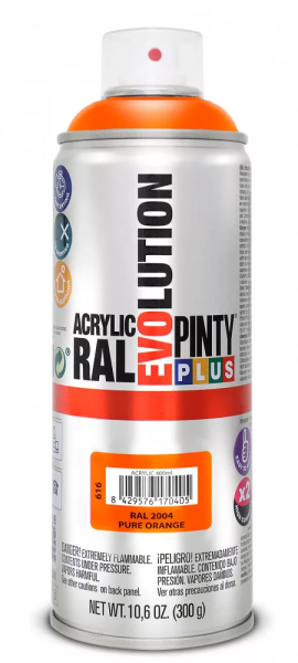 Pinty Plus Evolution oldószeres akril festék spray 400 ml RAL 2004 tiszta narancssárga színű PINTY PLUS 616