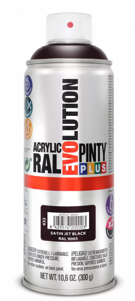 Pinty Plus Evolution oldószeres akril festék spray 400 ml RAL 9005 SF mélyfekete színű PINTY PLUS 632