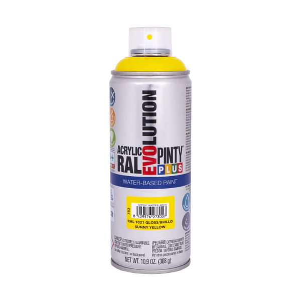 Pinty Plus Evolution vízbázisú akril festék spray 400 ml RAL 1021 repcesárga színű PINTY PLUS 752