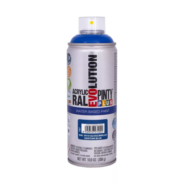 Pinty Plus Evolution vízbázisú akril festék spray 400 ml RAL 5010 enciánkék színű PINTY PLUS 757