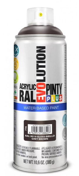 Pinty Plus Evolution vízbázisú akril festék spray 400 ml RAL 8019 szürkésbarna színű PINTY PLUS 776