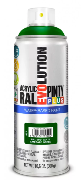 Pinty Plus Evolution vízbázisú akril festék spray 400 ml RAL 6001 MATT smaragdzöld színű PINTY PLUS 837