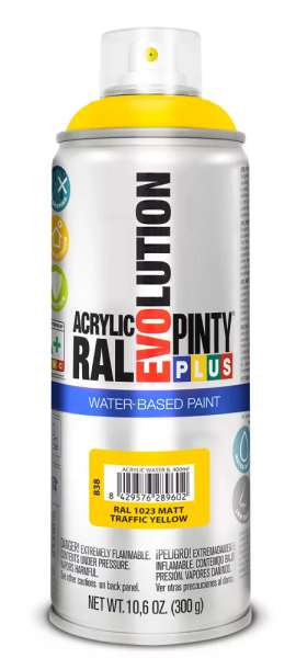 Pinty Plus Evolution vízbázisú akril festék spray 400 ml RAL 1023 MATT közlekedési sárga színű PINTY PLUS 838