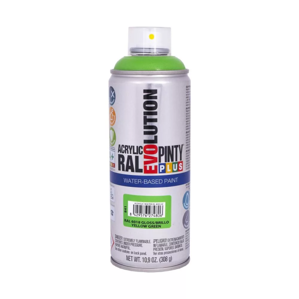 Pinty Plus Evolution vízbázisú akril festék spray 400 ml RAL 6018 sárgászöld színű PINTY PLUS 841