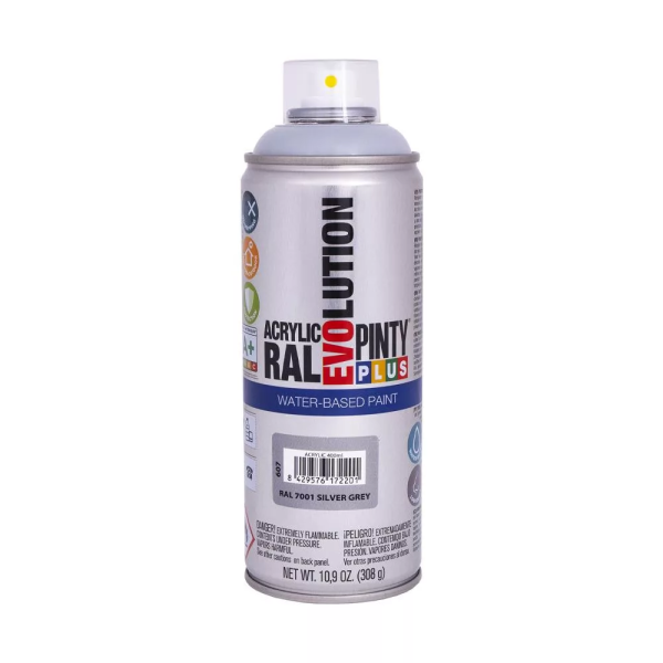 Pinty Plus Evolution vízbázisú akril festék spray 400 ml RAL 7001 ezüstszürke színű PINTY PLUS 843