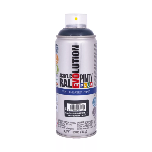 Pinty Plus Evolution vízbázisú akril festék spray 400 ml RAL 7016 antracitszürke színű PINTY PLUS 845