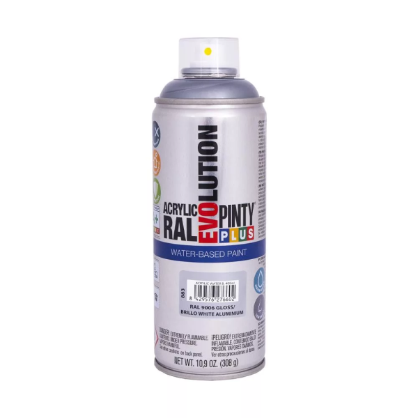 Pinty Plus Evolution vízbázisú akril festék spray 400 ml RAL 9006 fehéralumínium színű PINTY PLUS 883