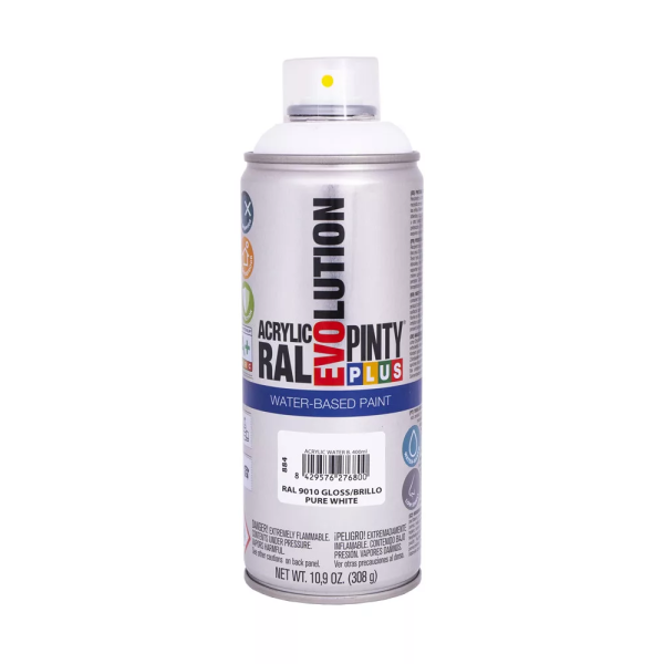 Pinty Plus Evolution vízbázisú akril festék spray 400 ml RAL 9010 fényes tiszta fehér színű PINTY PLUS 884