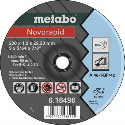 Vágókorong 230 x 1,9 x 22,2 mm, Novorapid, Inox | METABO 616496000