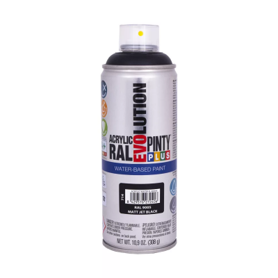 Pinty Plus Evolution vízbázisú akril festék spray 400 ml RAL 9005 matt mélyfekete színű | PINTY PLUS 714