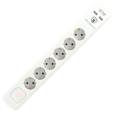Elosztó, hosszabbító 6-os, 1,4 m, túlfeszültség ellen védett, USB aljzatokkal, fehér | NVT 06K USB/WH
