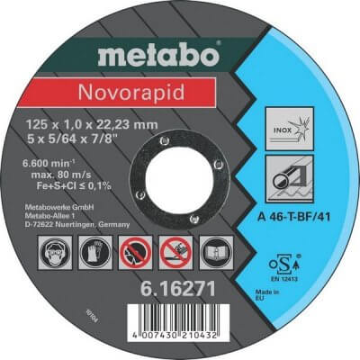 Vágókorong fémvágó Novorapid 125 mm x 1,0 x 22mm / 23 mm Inox | METABO 616271000/616904000